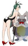  1girl ass back blurry blurry_background cane closed_mouth commentary_request diggersby earrings from_behind full_body genjitsu_o_miro green_hair high_heels highres holding holding_cane jewelry leaning_forward long_hair low_ponytail playboy_bunny pokemon pokemon_(creature) pokemon_sv rabbit red_eyes red_footwear rika_(pokemon) smile white_background 