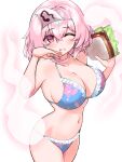 1girl ;q bikini blue_bikini breasts cherry_blossom_print cleavage floral_print food food_on_face ghost highres holding holding_food horounendo large_breasts navel one_eye_closed pink_hair saigyouji_yuyuko sandwich short_hair simple_background solo swimsuit tongue tongue_out touhou triangular_headpiece white_background 
