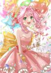  1girl :d akira_ituki back_bow balloon bare_shoulders bow collarbone dress earrings floating_hair gloves green_eyes hair_intakes heart_balloon highres holding jewelry macross macross_7 mylene_jenius necklace open_mouth pink_bow pink_dress pink_hair pleated_dress print_dress smile solo standing strapless strapless_dress striped striped_bow white_gloves 