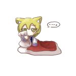  ... 1girl animal_ear_fluff animal_ears blanket blonde_hair blush closed_mouth fox_ears highres holding holding_pillow hugging_object jitome long_sleeves looking_at_viewer no_headwear pillow pillow_hug simple_background sitting solo speech_bubble straight-on touhou under_covers white_background yakumo_ran yakumora_n yellow_eyes 