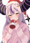  1girl :&lt; alternate_costume black_horns braid braided_bangs cup grey_hair hair_ornament hat heart highres holding holding_cup hololive horns la+_darknesss long_hair multicolored_hair nicky0 pink_sweater pointy_ears purple_hair santa_hat simple_background sleeves_past_wrists solo star_(symbol) star_hair_ornament streaked_hair striped_horns sweater virtual_youtuber white_background yellow_eyes 