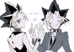  2boys ^_^ bad_id bad_twitter_id blush bracelet chain closed_eyes collar commentary_request fish_(m8snknk) greyscale jacket jewelry looking_at_viewer male_focus monochrome multiple_boys mutou_yuugi short_hair simple_background smile upper_body v yami_yuugi yu-gi-oh! yu-gi-oh!_duel_monsters 