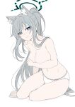  1girl absurdres animal_ear_fluff animal_ears arm_at_side barefoot black_halo blue_archive blue_eyes blush breasts bright_pupils cleavage closed_mouth collarbone commentary covering_breasts covering_privates cross_hair_ornament curvy english_commentary extra_ears eyes_visible_through_hair frown full_body grey_hair hair_between_eyes hair_ornament hair_over_shoulder halo highres large_breasts long_hair looking_at_viewer masabodo mismatched_pupils navel nose_blush panties ponytail shiroko_(blue_archive) shiroko_terror_(blue_archive) shy simple_background sitting solo stomach thigh_gap thighs toenails toes topless tsurime underwear underwear_only very_long_hair white_background white_panties white_pupils wolf_ears yokozuwari 