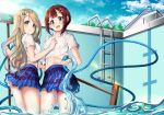  ayase_arisa bangs blonde_hair blue_skirt blunt_bangs broom brown_hair collared_shirt cover cover_page day doujin_cover empty_pool green_eyes hair_ornament highres holding holding_broom holding_hose hose kousaka_yukiho ladder looking_at_viewer love_live! love_live!_school_idol_project mad_(hazukiken) midriff miniskirt multiple_girls navel outdoors plaid plaid_skirt pool red_hair shirt short_sleeves skirt smile tied_shirt water white_shirt 