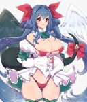  1girl angel_wings ass_visible_through_thighs asymmetrical_wings bikini blue_hair blush bow bowtie breasts chemaru_(a8l) cleavage detached_sleeves dizzy_(guilty_gear) dress frilled_dress frilled_skirt frills green_bow green_bowtie guilty_gear hair_ribbon highres large_breasts long_hair long_sleeves looking_at_viewer mature_female monster_girl own_hands_together panties puffy_long_sleeves puffy_sleeves red_bikini red_eyes red_panties red_ribbon ribbon simple_background skirt solo sparkle swimsuit tail tail_ornament tail_ribbon thick_thighs thigh_gap thigh_strap thighs twintails underwear white_background wings 