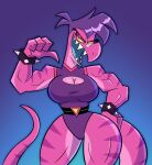 anthro big_breasts bracelet breasts cleavage_cutout clothed clothing female gesture hair hand_on_hip hi_res jewelry leotard looking_at_viewer muscular muscular_anthro muscular_female open_mouth pink_body pink_scales pointing pointing_at_self purple_hair reptile roy_amuruz scales scalie sharp_teeth short_hair solo spiked_bracelet spikes teeth toony