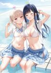  2girls bikini black_hair blue_eyes breasts closed_mouth cloud cloudy_sky day highres long_hair looking_at_viewer medium_breasts mignon multiple_girls navel original outdoors pleated_skirt red_eyes school_uniform simple_background sitting skirt sky small_breasts stomach swimsuit swimsuit_under_clothes white_hair 