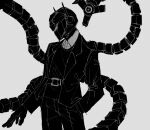  1boy android bono_(project_moon) coat collared_shirt cowboy_shot greyscale helmet highres library_of_ruina long_sleeves looking_to_the_side maskv mechanical_tentacles monochrome pants project_moon shirt shoes simple_background solo standing sweater 