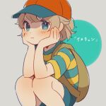  1girl backpack bag baseball_cap blue_eyes blue_shorts blush brown_bag brown_hair closed_mouth cosplay dot_nose grey_background hat looking_at_viewer mother_(game) mother_2 ness_(mother_2) ness_(mother_2)_(cosplay) paula_(mother_2) red_headwear shifumame shirt short_hair shorts solo squatting striped striped_shirt translation_request 