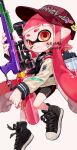  1girl absurdres baseball_cap bike_shorts black_footwear closed_mouth commentary_request cross-laced_footwear full_body gun hat highres holding holding_gun holding_weapon ink_tank_(splatoon) inkling inkling_girl long_hair myon_rio pointy_ears red_eyes red_hair scope shoes simple_background smile solo splat_charger_(splatoon) splatoon_(series) splatoon_2 tentacle_hair weapon white_background 