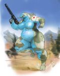 2022 action_pose action_scene anthro areola belly blue_sky blurred_background breasts cettus featureless_crotch female gun hi_res holding_gun holding_object holding_weapon landscape living_machine machine markings mountain nude outside overweight overweight_anthro overweight_female plant pose ranged_weapon robot running sky solo star_(marking) tree weapon