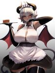  1girl :o ahoge bare_shoulders black_horns black_tail black_thighhighs black_wings bow bowtie breasts cake cleavage curvy dark-skinned_female dark_skin demon_girl demon_horns demon_tail elbow_gloves food gloves gradient_background hair_between_eyes heart highres horns large_breasts maid original pointy_ears red_eyes sana!rpg short_hair signature tail thick_thighs thighhighs thighs tray two-tone_background white_background wings 