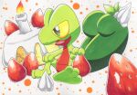  cake candle colored_sclera cream_on_body fire food fruit highres no_humans open_mouth orange_background pokemon pokemon_(creature) polka_dot polka_dot_background sitting solo strawberry tail treecko two-tone_background wasabi_(rakku93) white_background yellow_sclera 