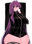  1girl black_eyes black_sweater breasts doki_doki_literature_club ear_piercing gothic highres huge_breasts long_hair looking_to_the_side no_pants piercing purple_hair ribbed_sweater shaded_face simple_background solo standing sweater thick_thighs thighhighs thighs usa37107692 very_long_hair wide_hips yuri_(doki_doki_literature_club) zipper 