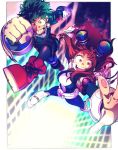  1girl bad_id bad_pixiv_id belt bodysuit boku_no_hero_academia brown_hair building clenched_hands dekucha_kawaii floating freckles goggles goggles_on_head green_hair long_hair midoriya_izuku outside_border shoes skyscraper smile sneakers superhero uraraka_ochako 