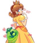  1boy 1girl artist_name blue_eyes breasts brown_hair crown dress earrings face_in_ass facial_hair flower_earrings gloves green_headwear hat heart highres jewelry looking_at_another looking_back luigi manysart1 mario_(series) medium_hair mustache orange_dress princess_daisy puffy_short_sleeves puffy_sleeves short_sleeves simple_background slime_(creature) smile spoken_heart standing super_mario_bros._wonder tomboy watermark white_background white_gloves wubba_luigi 