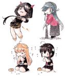  beans black_hair black_skirt chibi club_(weapon) crossed_bandaids eating fake_horns fang food hair_flaps hair_ornament hair_over_one_eye hayashimo_(kancolle) highres horns kako_(kancolle) kantai_collection long_hair masu multiple_girls official_alternate_costume open_mouth pleated_skirt poipoi_purin scarf school_uniform serafuku setsubun shigure_(kancolle) shigure_kai_ni_(kancolle) simple_background skirt socks solid_circle_eyes spiked_club torn_clothes very_long_hair weapon white_background white_scarf yuudachi_(kancolle) yuudachi_kai_ni_(kancolle) 