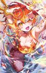  1girl absurdres animal antlers arm_tattoo arms_up blue_background breasts cleavage dragon_girl fangs fingernails fins fire fish floating_hair full_body head_fins highres horns jumping koi long_hair looking_at_viewer medium_breasts mermaid monster_girl multicolored_background nemoto_yuuma open_mouth orange_eyes orange_hair orange_scales original red_nails scales sharp_fingernails sidelocks slit_pupils solo tattoo transformation water 