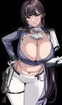  1girl black_background breasts brown_eyes cleavage commentary_request gloves goddess_of_victory:_nikke hella_p highres holding korean_commentary large_breasts long_hair long_sleeves looking_at_viewer marciana_(nikke) navel navel_piercing pants parted_lips piercing simple_background solo thigh_strap thighs white_gloves white_pants 
