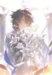  1boy absurdres ahoge black_hair blue_cape blurry blurry_background bouquet brown_eyes cape depth_of_field ensemble_stars! falling_petals flower grey_shirt head_tilt highres holding holding_bouquet long_sleeves looking_at_viewer male_focus medium_hair parted_lips petals ririo sakuma_rei_(ensemble_stars!) shirt solo upper_body white_background white_flower 