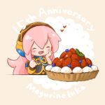  1girl anniversary asymmetrical_sleeves black_shirt blueberry blush_stickers character_name chibi closed_eyes commentary cream food fruit fruit_tart gold_trim hand_on_own_cheek hand_on_own_face headphones heart holding holding_spoon long_hair megurine_luka open_mouth pink_hair sanpati seal_impression shirt smile solo spoon strawberry tart_(food) upper_body vocaloid 