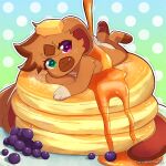 1:1 anthro biped blueberry_(fruit) brown_body brown_fur butter dairy_products food fruit fur green_eyes heterochromia kemono lagomorph leporid looking_at_viewer male mammal micro pancake plant rabbit smile smiling_at_viewer solo sunnynoga syrup