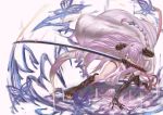  arm_support asymmetrical_footwear asymmetrical_gloves black_gloves boots braid bug butterfly elbow_gloves full_body gloves granblue_fantasy hair_over_one_eye hand_up holding holding_sword holding_weapon horns insect knee_boots leaning_forward long_hair magic narmaya_(granblue_fantasy) ootachi pointy_ears purple_hair scabbard sheath simple_background solo sword tassel thigh_boots thigh_strap thighhighs tomiokasena tsurime very_long_hair weapon white_background 