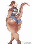 anthro bethesda_softworks big_butt bottomwear butt clothing estemilk fallout girly hi_res looking_at_viewer looking_back male night_stalker_(fallout) rattle_(anatomy) shorts solo tail walking
