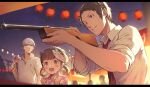  1girl 2boys adachi_tooru aiming black_hair blush brown_eyes brown_hair candy_apple character_mask child clenched_hands closed_mouth collared_shirt doujima_nanako food grey_eyes grey_hair grin gun hair_ribbon highres holding holding_food holding_gun holding_weapon japanese_clothes kimono lantern light_particles looking_at_another mask mask_on_head multiple_boys narukami_yuu necktie night night_sky one_eye_closed open_mouth paper_lantern persona persona_4 pink_kimono polo_shirt popped_collar red_necktie ribbon shirt short_hair short_twintails sky sleeves_rolled_up smile sparkle suit summer_festival twintails weapon white_shirt yoshino_saku 