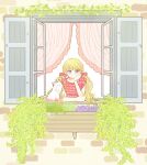  1girl animal blonde_hair bow braid cat curtains dot_mouth dress expressionless flower grey_eyes hair_bow hand_on_own_elbow hand_on_own_face head_rest highres long_hair messy_hair necono_naco no_nose open_window original plaid plaid_dress plant purple_flower red_bow red_dress signature sleeveless sleeveless_dress solo vines white_cat window 