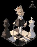  1girl absurdres animal_ears bishop_(chess) black_background black_ribbon cane chess_piece chessboard crown ghost_(tama) grey_hair hair_ornament hairclip highres king_(chess) mini_crown neck_ribbon orange_eyes original pawn_(chess) queen_(chess) ribbon shirt shoes short_hair simple_background skirt solo thighhighs white_shirt white_thighhighs wolf_ears wolf_girl 