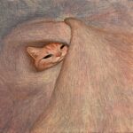  :3 acrylic_paint_(medium) animal_focus blanket cat closed_mouth commentary highres karin_hosono looking_at_viewer no_humans orange_cat orange_fur original painting_(medium) simple_background solo traditional_media under_covers 
