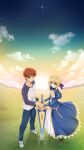  1boy 1girl absurdres ahoge anniversary artoria_pendragon_(fate) blonde_hair blue_dress cloud dress emiya_shirou excalibur_(fate/stay_night) fate/stay_night fate_(series) field green_eyes highres holding_hands looking_at_viewer namonashi orange_hair outdoors saber_(fate) shirt shoes sky smile sneakers star_(sky) sword weapon yellow_eyes 
