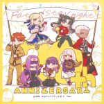  ahoge anniversary archer_(fate) armor armored_dress artoria_pendragon_(fate) black_hair black_skirt black_thighhighs blindfold blonde_hair blue_eyes character_doll collar dark-skinned_male dark_skin dress emiya_shirou facial_mark fate/stay_night fate_(series) faulds forehead forehead_mark gauntlets green_eyes hair_ribbon heracles_(fate) holding holding_party_popper homurahara_academy_school_uniform illyasviel_von_einzbern long_hair matou_sakura medusa_(fate) medusa_(rider)_(fate) orange_eyes orange_hair party_popper purple_collar purple_eyes purple_hair red_eyes red_ribbon red_sweater ribbon saber_(fate) school_uniform skirt strapless strapless_dress sweater taa_(acid) thighhighs tohsaka_rin tube_dress two_side_up very_long_hair white_hair white_skirt 