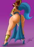  2018 absurd_res anklet anthro armband big_breasts big_butt black_nose breasts brown_hair butt canine clothed clothing disney dog ear_piercing female flower flower_in_hair footwear goof_troop gradient_background hair hi_res high_heels jewelry krocialblack loincloth looking_at_viewer looking_back mammal mature_female panties peg_pete piercing plant rear_view shoes short_hair simple_background solo underwear 