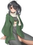  1girl black_hair coat green_coat grey_kimono haori highres japanese_clothes kantai_collection kimono kumano_maru_(kancolle) official_alternate_costume one-hour_drawing_challenge ponytail red_eyes redundant-cat sidelocks simple_background sitting solo striped_clothes striped_kimono white_background 