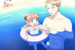  1boy 2girls :d abs ahoge anya_(spy_x_family) aqua_one-piece_swimsuit barefoot beach beach_umbrella bikini blanket blonde_hair blue_eyes blush bond_(spy_x_family) child collarbone commentary_request dog double_bun father_and_daughter foot_out_of_frame green_eyes hair_bun happy highres looking_at_another low_twintails medium_hair multiple_girls muscular muscular_male nose ocean one-piece_swimsuit open_mouth oyasumisuya partially_submerged pink_hair pink_innertube polka_dot_innertube red_bikini short_hair short_twintails sitting smile spiked_hair spy_x_family swimsuit teeth topless topless_male twilight_(spy_x_family) twintails twitter_username umbrella upper_body upper_teeth_only white_dog yokozuwari yor_briar 