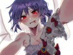  1girl ascot bat_wings blood blood_on_face blurry blurry_background blush breasts camisole cleavage collarbone commentary_request depth_of_field fangs highres medium_breasts open_mouth outstretched_arms purple_hair reaching reaching_towards_viewer red_ascot red_eyes remilia_scarlet shirt shirt_partially_removed short_hair signature simple_background single_bare_shoulder solo sweat touhou tsuyuji_shigure upper_body vampire white_background white_camisole white_shirt wings 