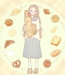  1girl :d ankle_socks bag baguette blouse border bread brown_border brown_footwear brown_hair carrying commentary_request croissant doughnut flower_(symbol) food frilled_shirt_collar frilled_skirt frills full_body green_background grey_eyes grey_skirt groceries highres holding long_hair looking_at_viewer messy_hair necono_naco open_mouth original paper_bag plaid_border pleated_skirt round_image shirt shoes signature skirt sleeves_past_elbows smile socks solo standing white_socks yellow_shirt 