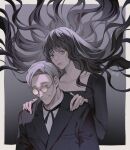  1boy 1girl black_jacket black_ribbon collarbone collared_shirt english_commentary floating_hair glasses gradient_background grey_hair hair_floating_upwards hands_on_another&#039;s_shoulders jacket kagami_(kekkaishi) kekkaishi long_hair long_sleeves looking_at_viewer matsudo_heisuke neck_ribbon opaque_glasses outside_border partially_opaque_glasses ribbon shirt short_hair smile upper_body very_long_hair white_shirt wrinkled_skin yoshicha 