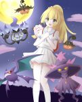  1girl backpack bag blonde_hair chandelure clefairy crobat full_moon hachimi halloween lillie_(pokemon) long_hair mismagius moon open_mouth pleated_skirt pokemon pokemon_(creature) pokemon_sm pumpkaboo purple_sky shirt short_sleeves skirt sky socks white_shirt white_skirt white_socks 