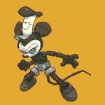  1920s_(style) 1boy animal_ears commentary english_commentary greyscale greyscale_with_colored_background highres jake_parker male_focus mickey_mouse monochrome mouse_boy mouse_ears mouse_tail non-humanoid_robot parody robot simple_background solo steamboat_willie tail white_headwear yellow_background 