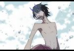 bangs black_hair blue_eyes blue_horns blue_sky bubble cloud commentary_request darling_in_the_franxx day eyebrows_visible_through_hair fish fish_in_mouth hiro_(darling_in_the_franxx) horns letterboxed male_focus mii_yuu navel oni_horns role_reversal shirtless sky solo zero_two_(darling_in_the_franxx) 