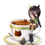  1girl absurdres animal_ears animal_on_lap black_cat black_hair boots braid brown_hair cat cat_on_lap coffee coffee_cup cup disposable_cup ear_covers highres horse_ears horse_girl horse_tail japanese_clothes kimono manhattan_cafe_(umamusume) on_lap saucer simple_background sitting skirt solo tail umamusume white_background x_1031_xter 