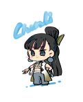  1girl black_hair bracelet breasts character_name chibi chun-li cleavage earrings hair_ornament hairclip highres jewelry long_hair navel official_alternate_costume official_alternate_hairstyle pants shoes simple_background smile solo standing street_fighter very_long_hair vest 