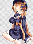  abigail_williams_(fate/grand_order) bangs barefoot black_bow black_dress black_hat blonde_hair bloomers blue_eyes blush bow checkered checkered_background closed_mouth commentary_request dress eyebrows_visible_through_hair fate/grand_order fate_(series) forehead hair_bow hand_up hat head_tilt l-trap long_hair long_sleeves looking_at_viewer looking_to_the_side nose_blush orange_bow parted_bangs polka_dot polka_dot_bow sleeves_past_fingers sleeves_past_wrists smile soles solo underwear very_long_hair white_bloomers 