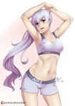  :d armpits arms_up artist_name blue_eyes blue_hair blush breasts contrapposto cowboy_shot dated groin heart highres long_hair looking_at_viewer lulu-chan92 medium_breasts midriff navel nike number open_mouth patreon_username rwby scar scar_across_eye short_shorts shorts side_ponytail signature simple_background smile solo sports_bra standing sweat very_long_hair weiss_schnee white_background 