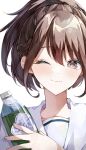  1girl bottle brown_eyes brown_hair commentary highres light_smile looking_at_viewer ponytail robotics;notes school_uniform senomiya_akiho simple_background solo spicaboy white_background 
