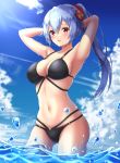  absurdres alternate_costume armpits ass_visible_through_thighs bad_id bad_pixiv_id bare_legs bare_shoulders bikini black_bikini breasts cloud cloudy_sky collarbone day eyebrows_visible_through_hair fate/grand_order fate_(series) furan_(pixiv20237436) hair_between_eyes highres large_breasts long_hair looking_at_viewer multi-strapped_bikini navel outdoors parted_lips ponytail red_eyes sideboob silver_hair skindentation sky solo standing stomach swimsuit thighhighs tomoe_gozen_(fate/grand_order) very_long_hair wading water 