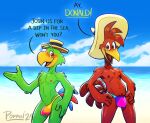 anthro asymmetrical_clothing avian beach beak bird blush bulge chicken clothing disney duo english_text feathers galliform gallus_(genus) green_body green_feathers hi_res jose_carioca male male/male panchito_pistoles parrot phasianid poppin_zan red_feather_hair seaside side_sling_speedo speedo swimwear text